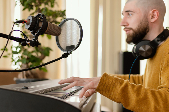 boy playing keyboard with microphone
