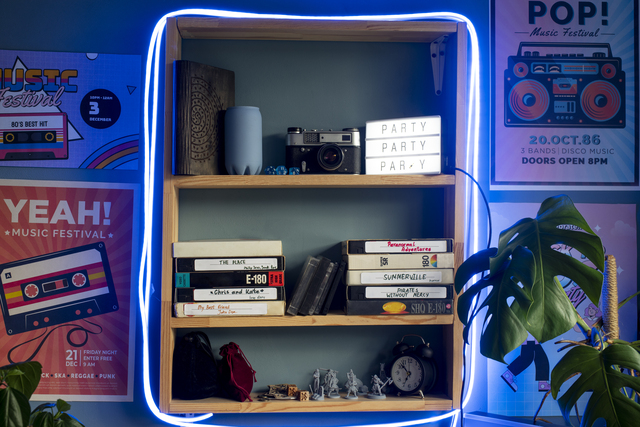 shelf with blue neon lights all around